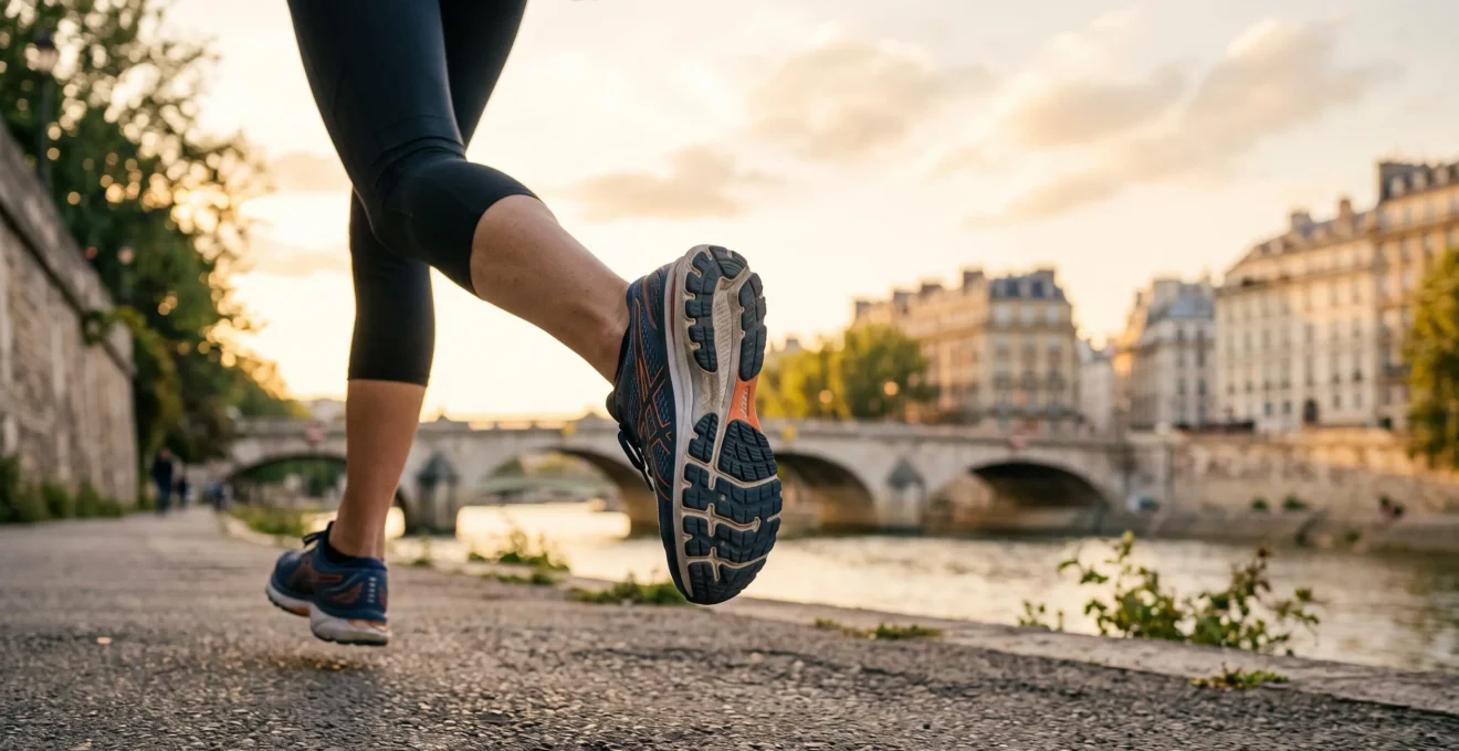 Gros plan artistique sur une semelle de chaussure de running en pleine foulée, illustrant la technologie au service de la performance