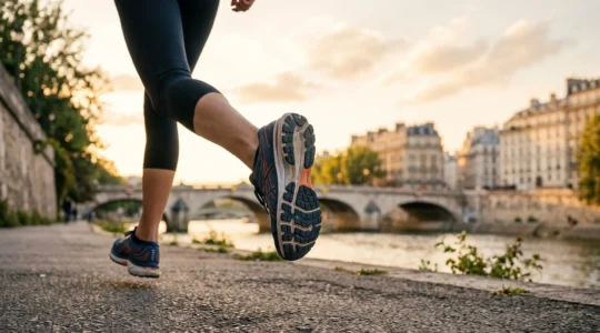 Gros plan artistique sur une semelle de chaussure de running en pleine foulée, illustrant la technologie au service de la performance