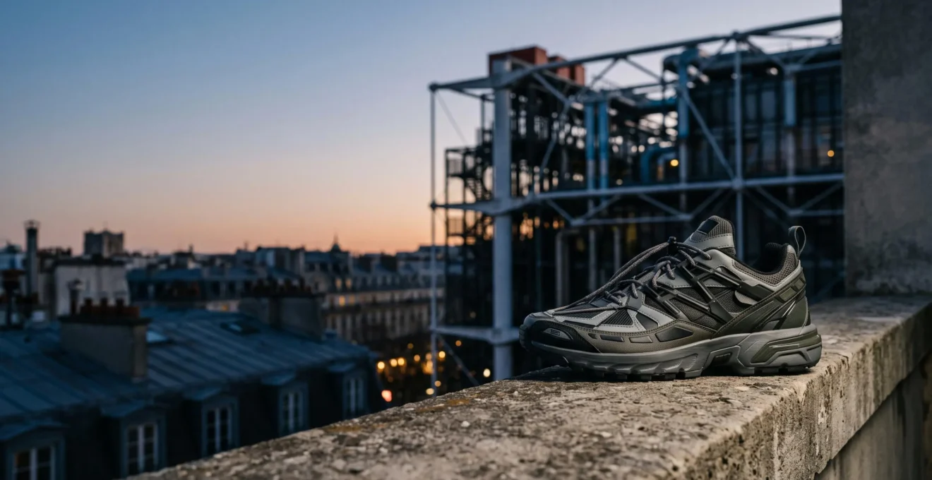 Une sneaker au design fragmenté et technique posée dans un décor urbain parisien, symbolisant la rupture entre le futurisme des années 2000 et celui de 2020