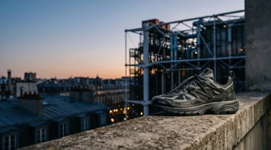 Une sneaker au design fragmenté et technique posée dans un décor urbain parisien, symbolisant la rupture entre le futurisme des années 2000 et celui de 2020