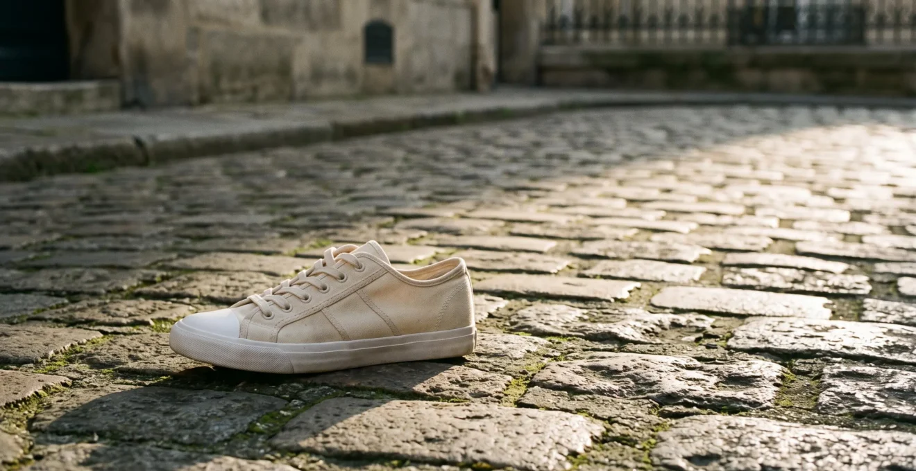Une sneaker classique posée seule sur un sol en pierre parisien, mise en valeur par une lumière naturelle douce, symbolisant un style qui traverse les saisons.