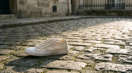 Une sneaker classique posée seule sur un sol en pierre parisien, mise en valeur par une lumière naturelle douce, symbolisant un style qui traverse les saisons.