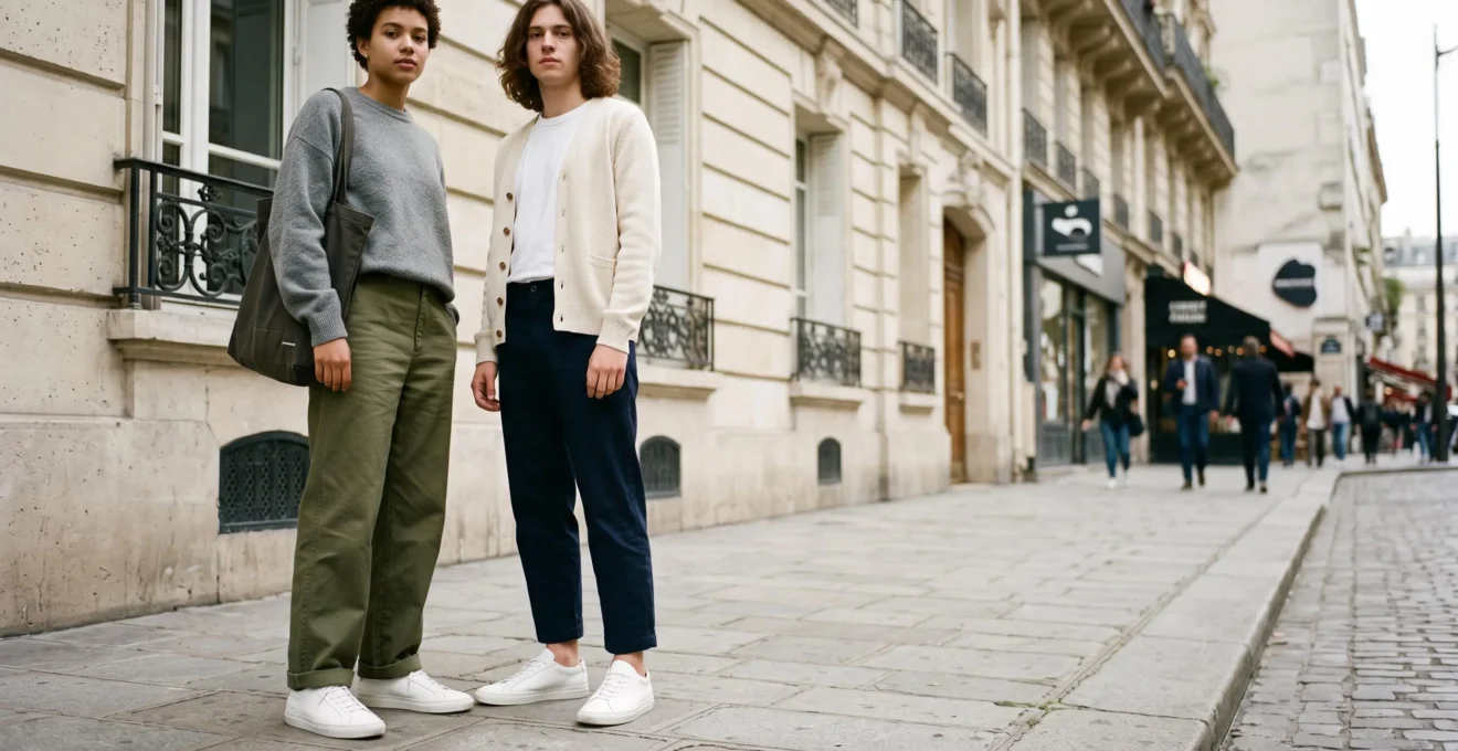 Duo stylise portant des sneakers unisexes identiques dans une rue parisienne, symbole de la mixite des genres dans la mode