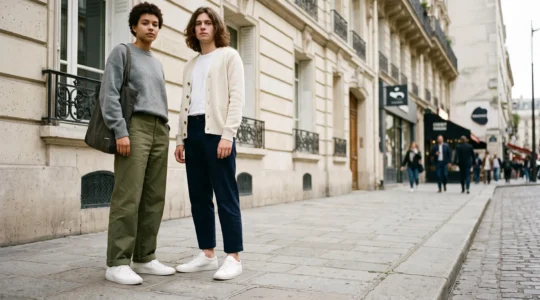 Duo stylise portant des sneakers unisexes identiques dans une rue parisienne, symbole de la mixite des genres dans la mode