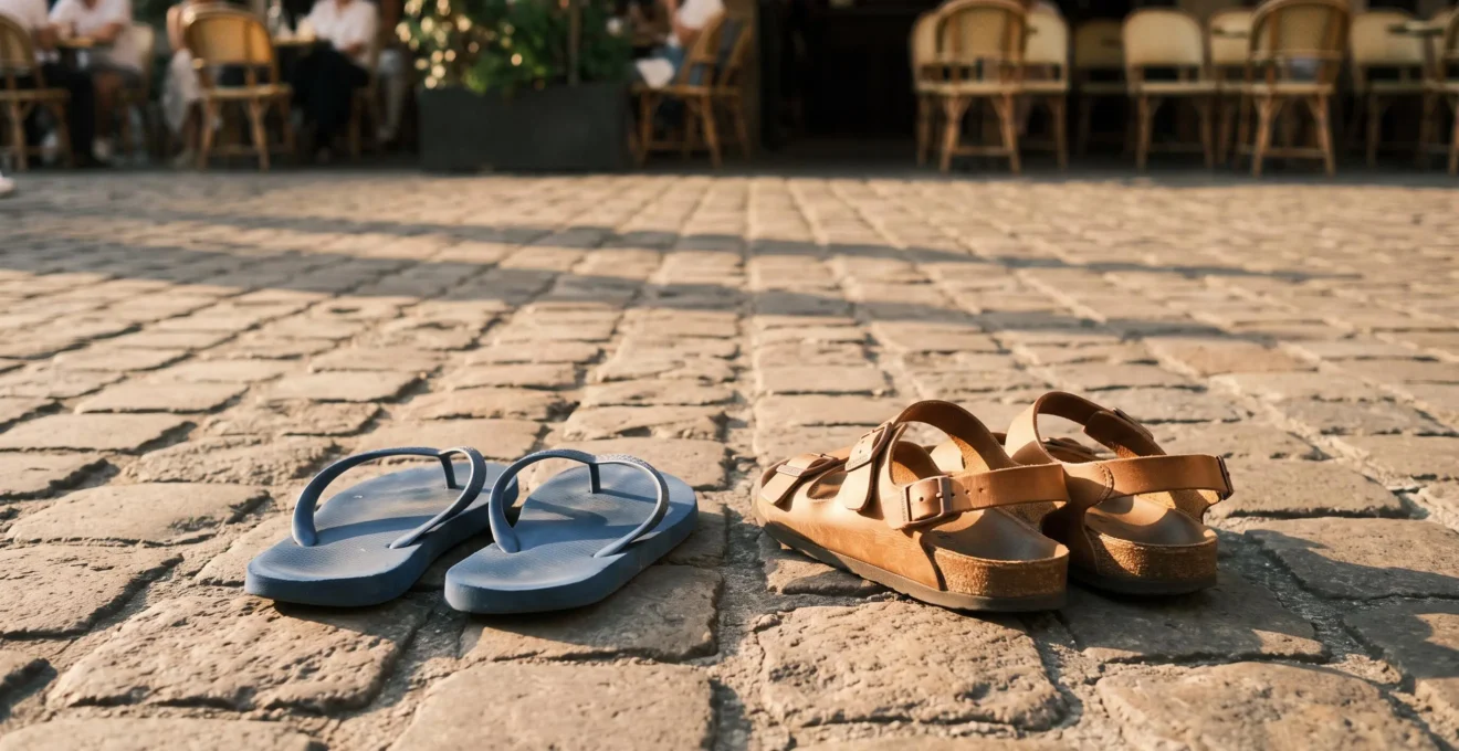 Paire de tongs colorées et paire de sandales à soutien plantaire posées côte à côte sur des pavés de pierre typiques d'une rue française ensoleillée.