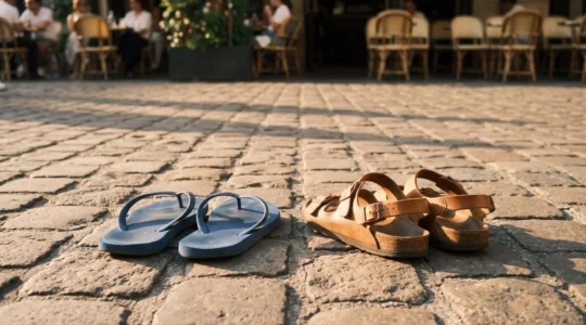 Paire de tongs colorées et paire de sandales à soutien plantaire posées côte à côte sur des pavés de pierre typiques d'une rue française ensoleillée.