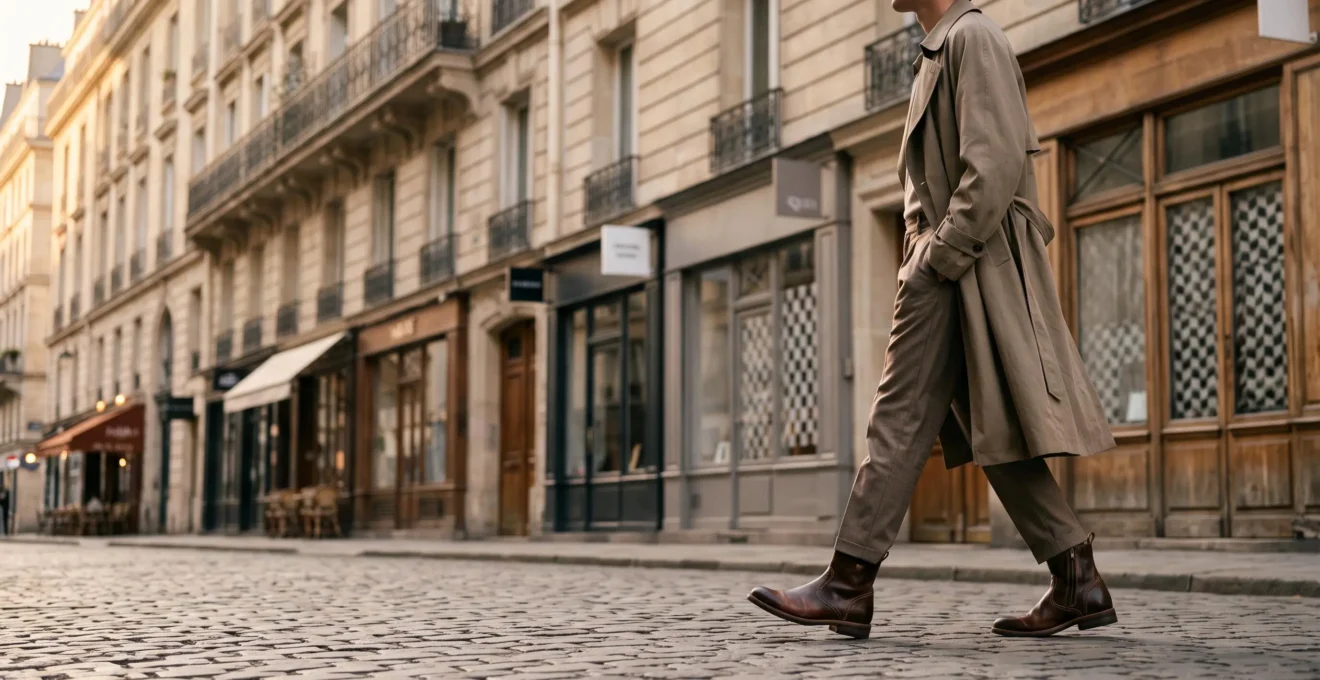Une personne élégante marchant dans une rue pavée parisienne, portant une paire de chaussures en cuir soignée qui contraste avec un mur de vitrines floues en arrière-plan