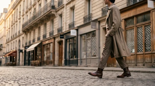 Une personne élégante marchant dans une rue pavée parisienne, portant une paire de chaussures en cuir soignée qui contraste avec un mur de vitrines floues en arrière-plan