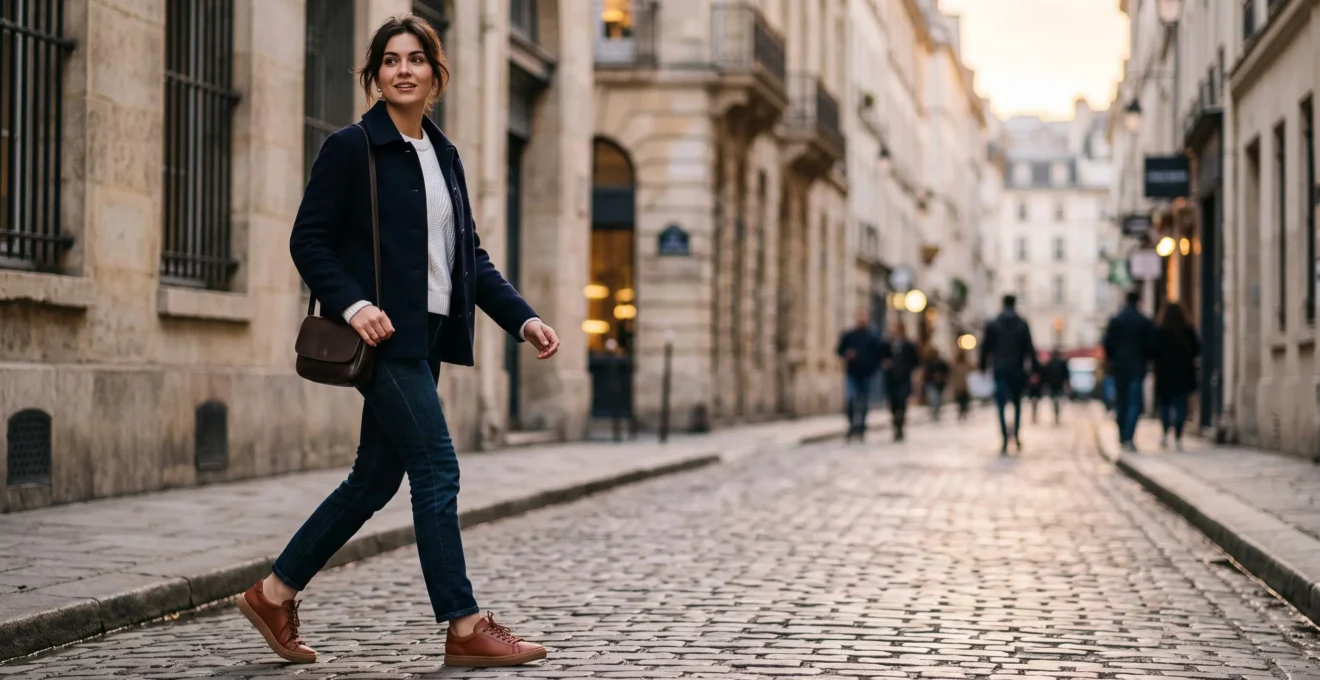 Une personne marche dans une rue parisienne au charme haussmannien en portant des sneakers de marque confidentielle, incarnant la decouverte et le style personnel.