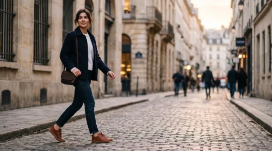 Une personne marche dans une rue parisienne au charme haussmannien en portant des sneakers de marque confidentielle, incarnant la decouverte et le style personnel.