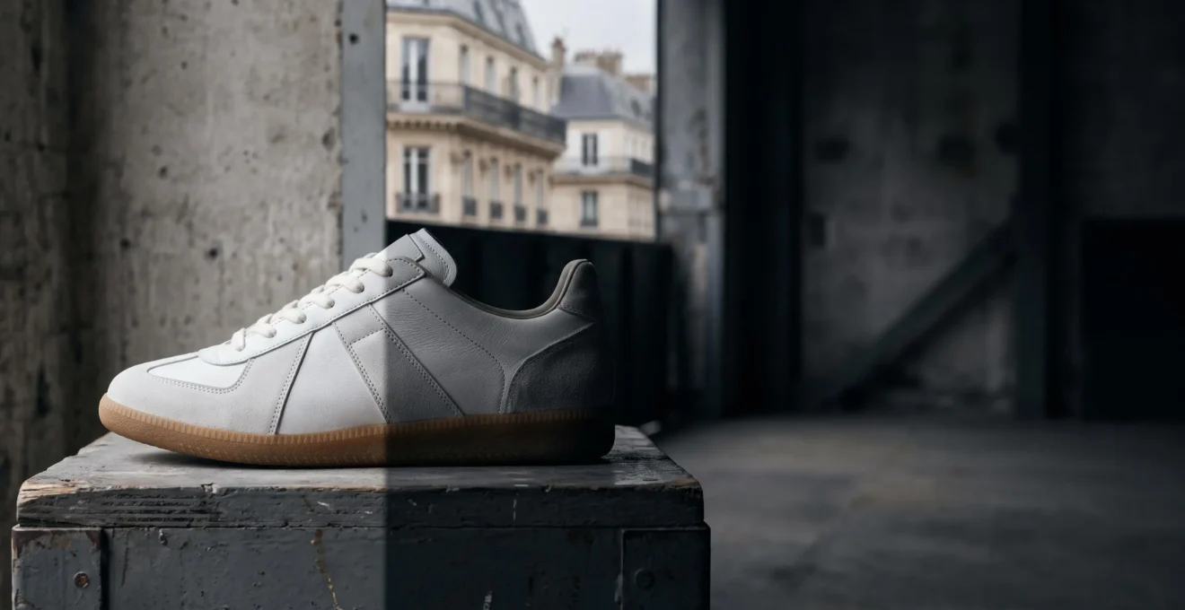 Une chaussure de sport posée en studio, à demi éclairée et à demi dans l'ombre, symbolisant l'écart entre l'image marketing et la réalité industrielle d'une marque