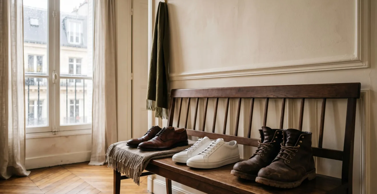 Une sélection de trois paires de chaussures soigneusement disposées dans une entrée parisienne, illustrant l'expression de l'identité personnelle à travers le choix des souliers