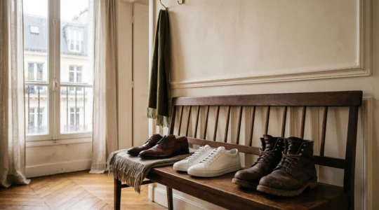 Une sélection de trois paires de chaussures soigneusement disposées dans une entrée parisienne, illustrant l'expression de l'identité personnelle à travers le choix des souliers