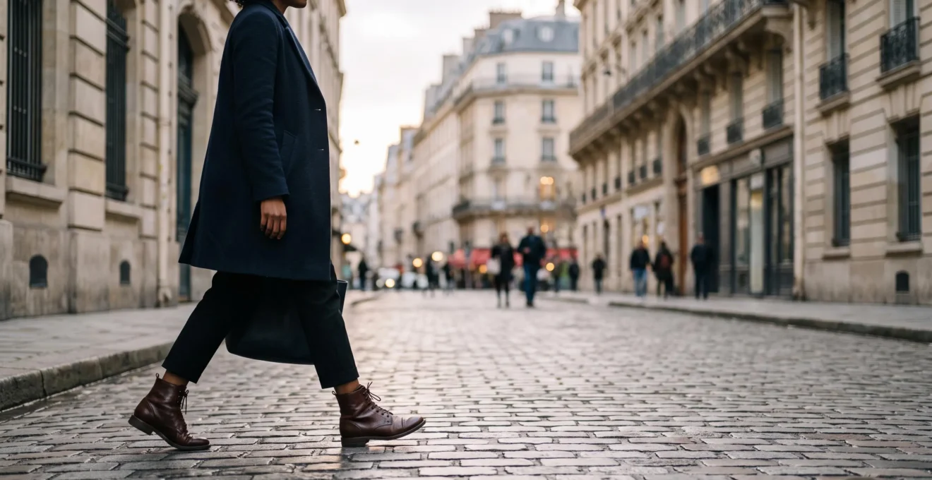 Silhouette elegante dans une rue parisienne, les chaussures en cuir comme point d'ancrage visuel du look