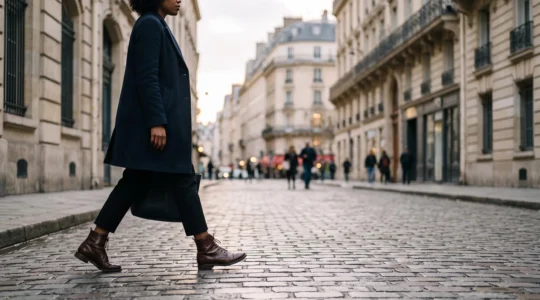 Silhouette elegante dans une rue parisienne, les chaussures en cuir comme point d'ancrage visuel du look