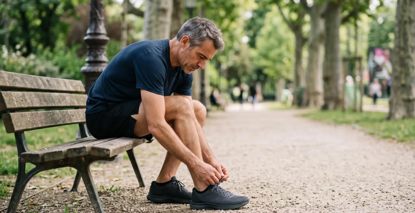 Un coureur assis sur un banc ajuste ses chaussures de running dans un parc parisien, symbolisant la recherche d'une solution technique personnalisee