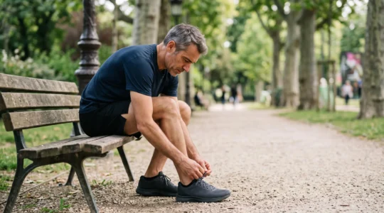 Un coureur assis sur un banc ajuste ses chaussures de running dans un parc parisien, symbolisant la recherche d'une solution technique personnalisee