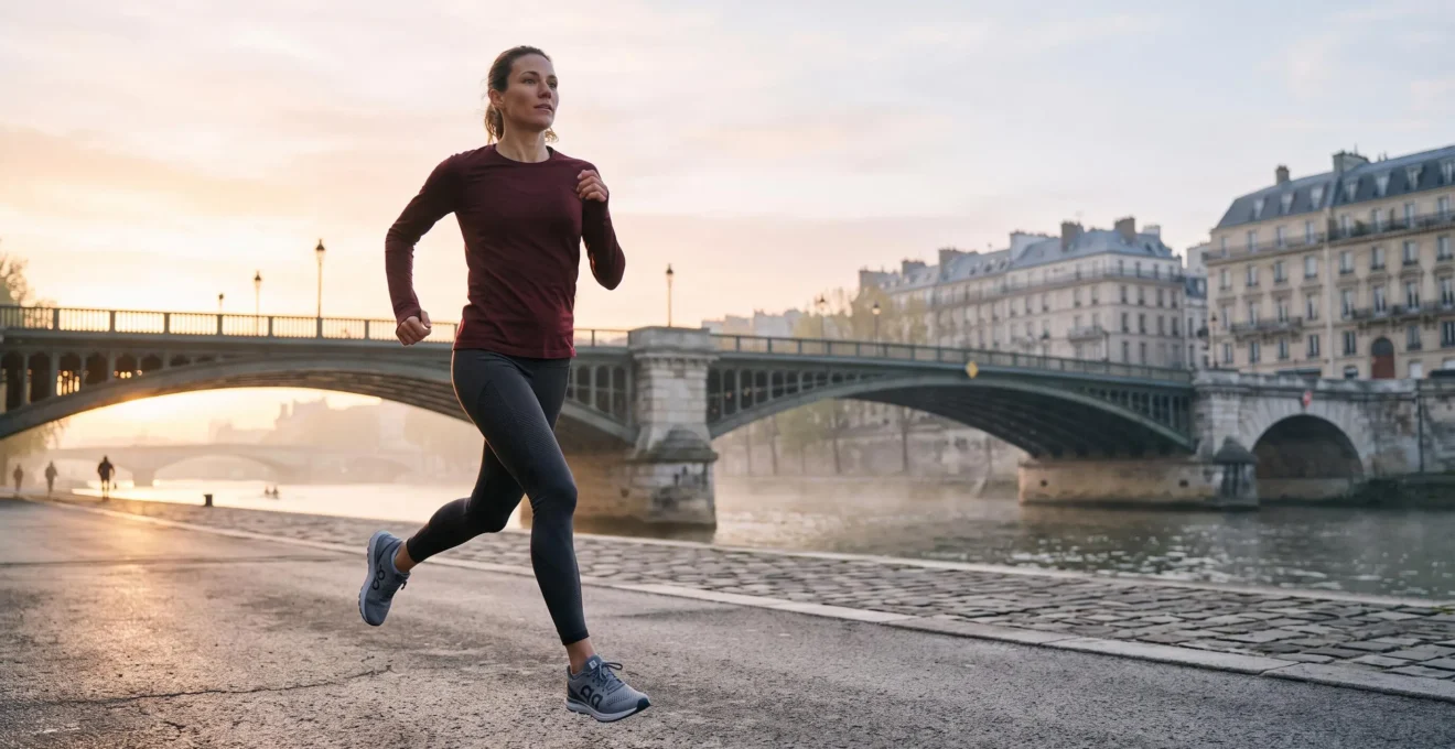 Silhouette d'un coureur en pleine foulee au lever du jour le long d'un quai parisien, incarnant la legerete totale et l'absence de toute gene physique