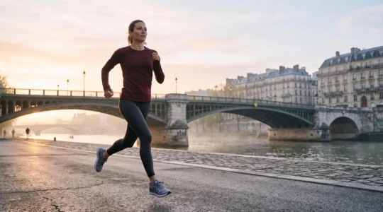 Silhouette d'un coureur en pleine foulee au lever du jour le long d'un quai parisien, incarnant la legerete totale et l'absence de toute gene physique