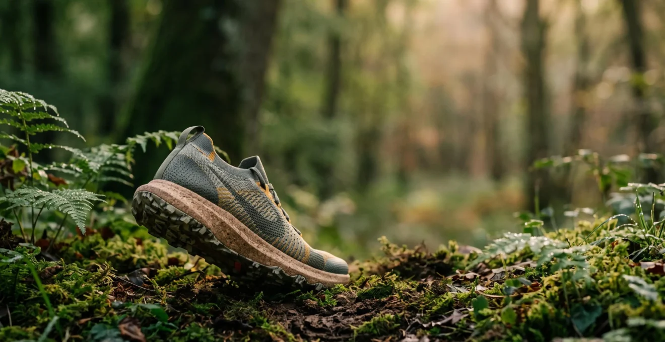 Chaussure de running posee sur un sentier forestier francais, melangeant design sportif et materiaux naturels, symbole d'une performance sans compromis ecologique