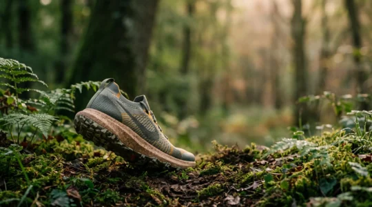 Chaussure de running posee sur un sentier forestier francais, melangeant design sportif et materiaux naturels, symbole d'une performance sans compromis ecologique