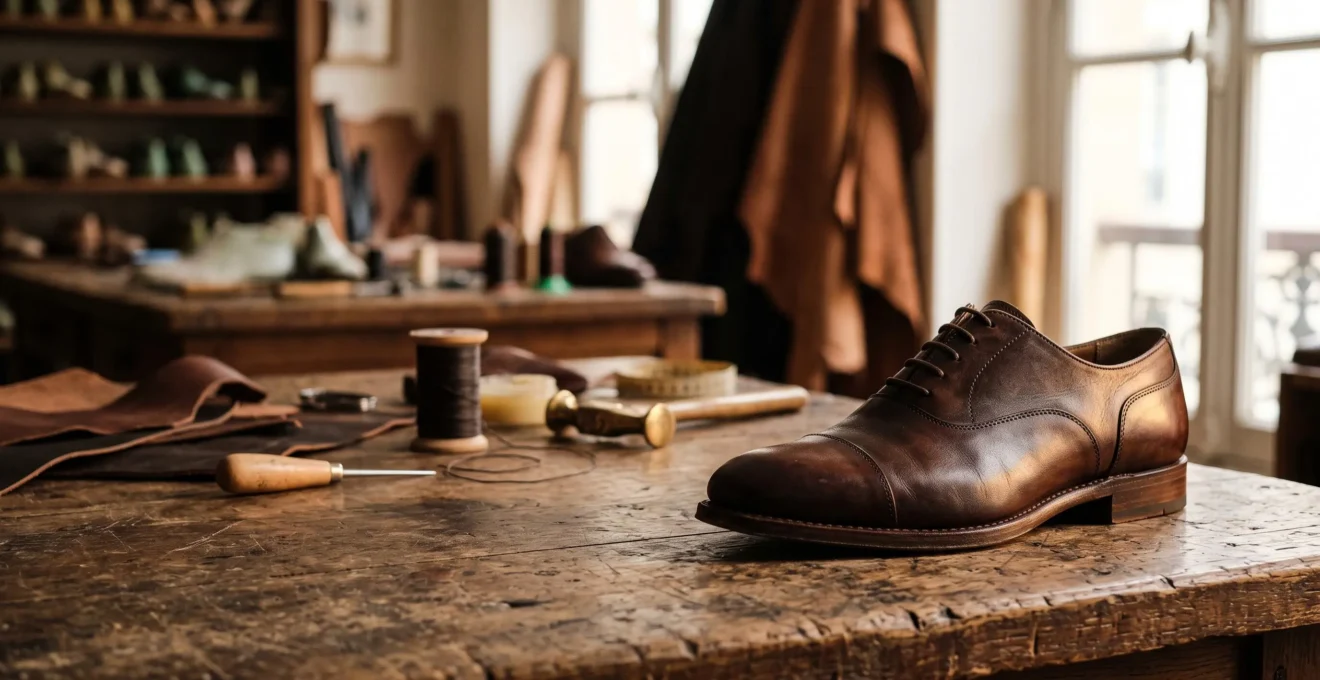 Gros plan artisanal sur une chaussure en cuir premium posée sur un établi français, évoquant le mystère de son origine