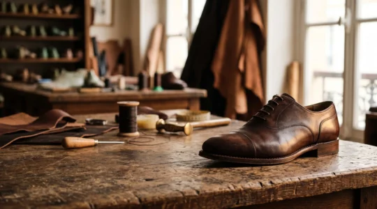 Gros plan artisanal sur une chaussure en cuir premium posée sur un établi français, évoquant le mystère de son origine