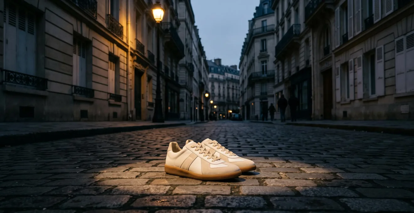 Une paire de sneakers isolée sous un halo de lumière dans une rue parisienne, symbolisant l'ascension et le déclin d'une tendance