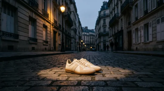 Une paire de sneakers isolée sous un halo de lumière dans une rue parisienne, symbolisant l'ascension et le déclin d'une tendance