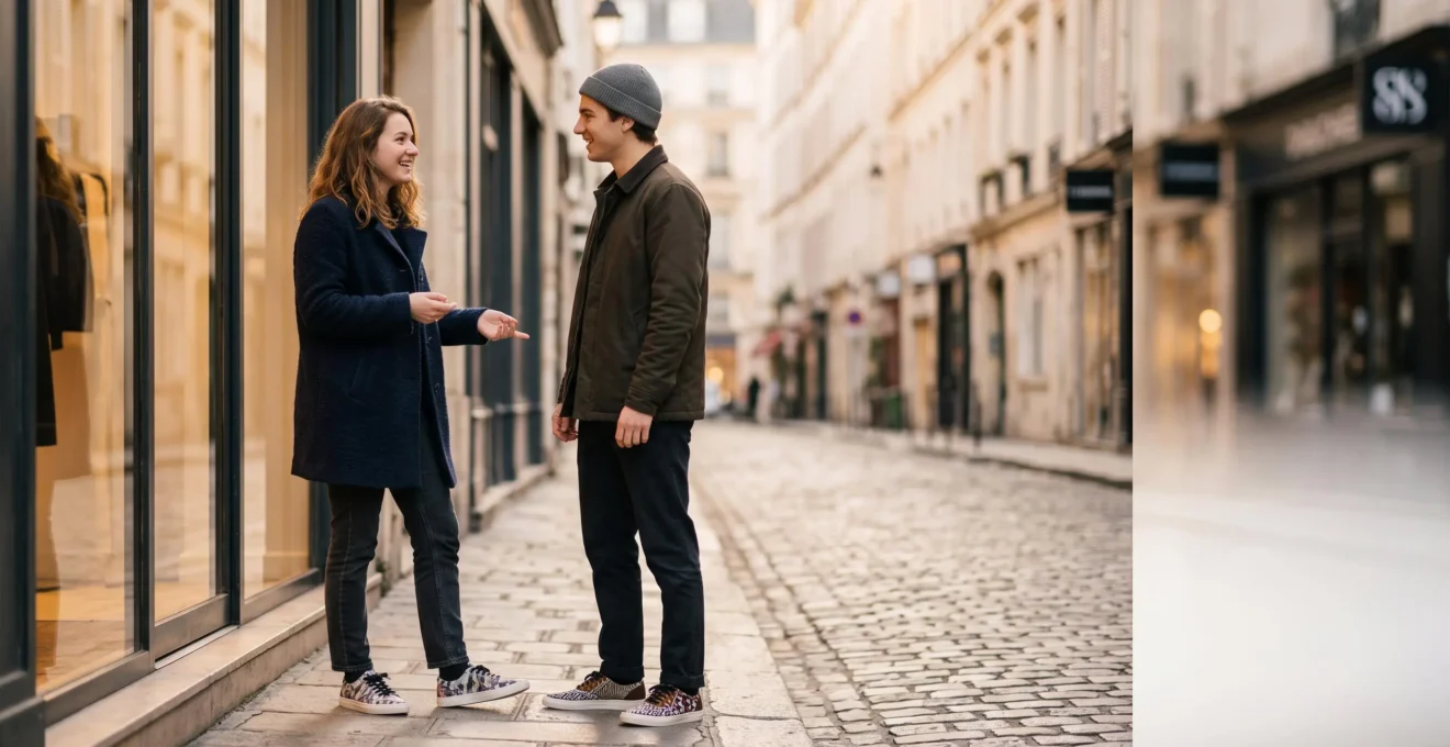 Deux passionnes de sneakers echangent devant une vitrine parisienne, symbolisant le passage du statut de consommateur passif a celui d'acteur des conversations mode