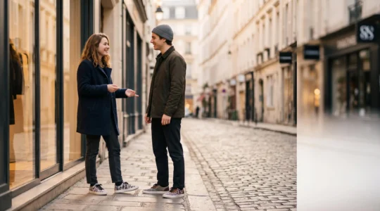 Deux passionnes de sneakers echangent devant une vitrine parisienne, symbolisant le passage du statut de consommateur passif a celui d'acteur des conversations mode