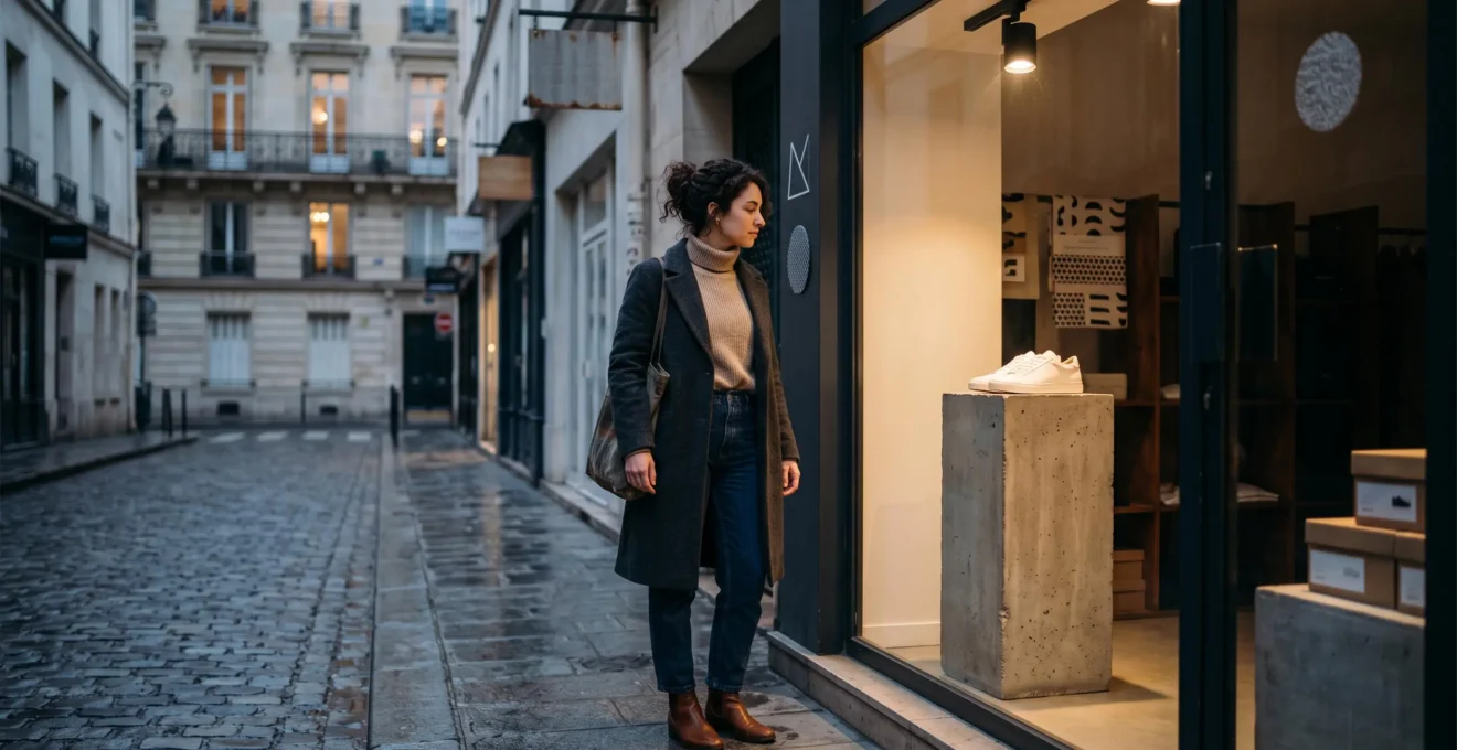 Jeune passant dans une rue pavée parisienne observant une vitrine de concept store minimaliste exposant une paire de sneakers artisanale inconnue
