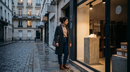 Jeune passant dans une rue pavée parisienne observant une vitrine de concept store minimaliste exposant une paire de sneakers artisanale inconnue