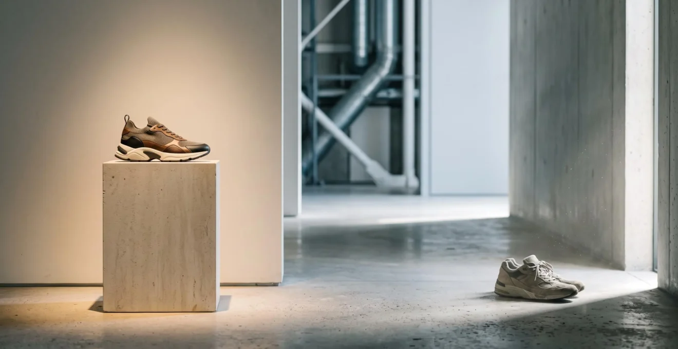 Deux sneakers mises en scène dans une lumière contrastée, l'une sur un socle muséal éclairé, l'autre floue et abandonnée dans l'ombre, symbolisant le destin opposé des designs iconiques et éphémères