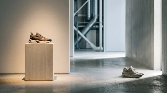 Deux sneakers mises en scène dans une lumière contrastée, l'une sur un socle muséal éclairé, l'autre floue et abandonnée dans l'ombre, symbolisant le destin opposé des designs iconiques et éphémères
