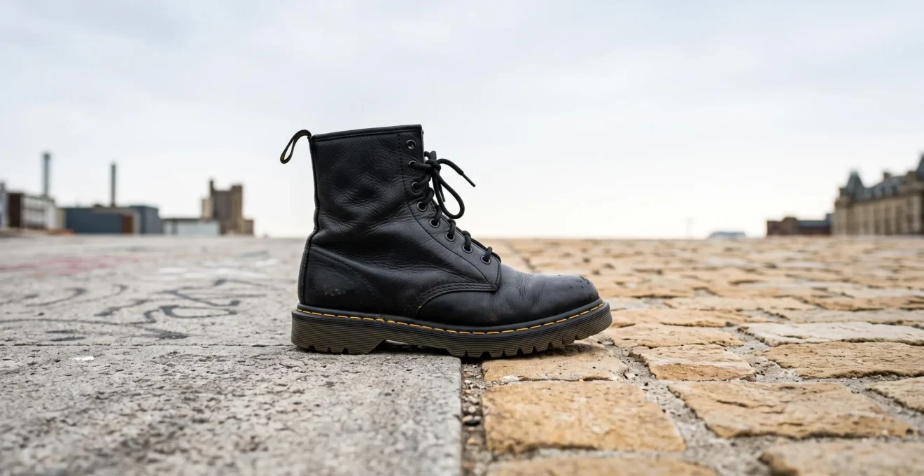 Une botte en cuir noir à semelle crantée posée sur un socle de pierre, à la frontière entre une texture urbaine brute et une texture de pierre blonde classique, symbolisant le contraste entre deux villes européennes