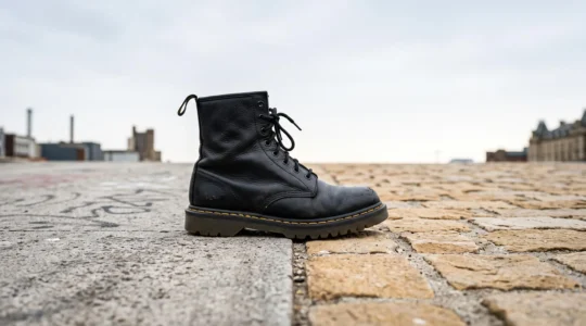Une botte en cuir noir à semelle crantée posée sur un socle de pierre, à la frontière entre une texture urbaine brute et une texture de pierre blonde classique, symbolisant le contraste entre deux villes européennes
