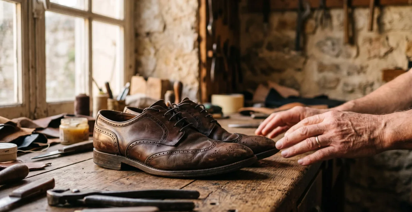 Paire de chaussures en cuir patinees posees sur un etabli d'atelier francais, symbole de transmission familiale