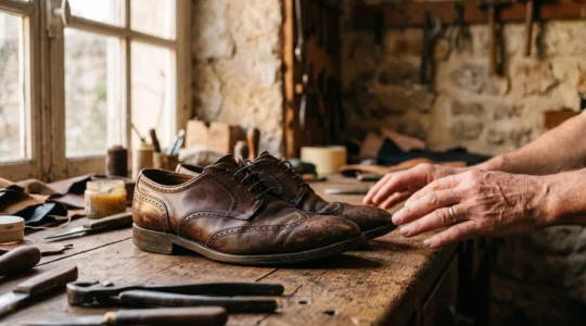 Paire de chaussures en cuir patinees posees sur un etabli d'atelier francais, symbole de transmission familiale