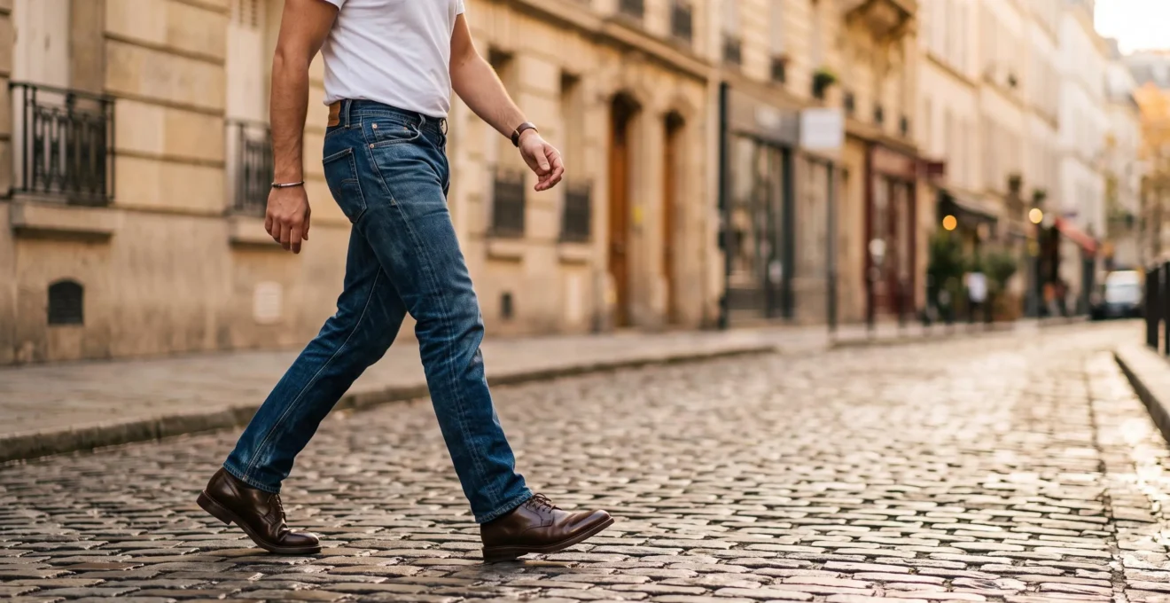 Un homme élégant en jean et t-shirt traversant une rue pavée parisienne, chaussures en cuir soignées mettant en valeur sa tenue