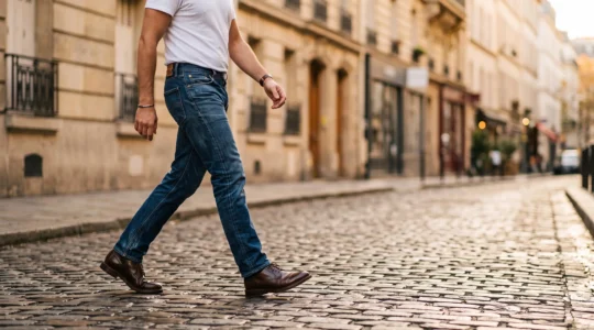 Un homme élégant en jean et t-shirt traversant une rue pavée parisienne, chaussures en cuir soignées mettant en valeur sa tenue