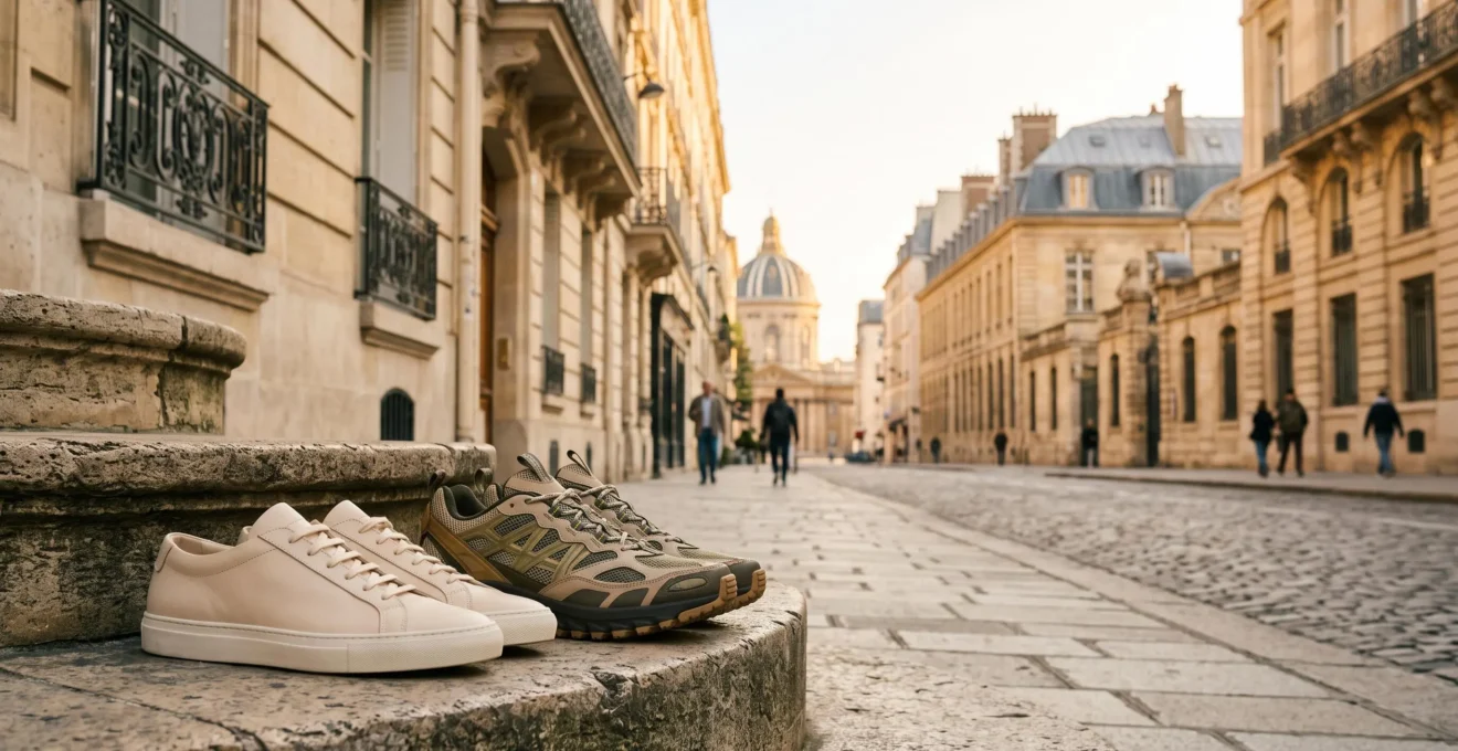 Contraste visuel entre une sneaker technique moderne et une sneaker minimaliste des années 2010 dans un décor urbain parisien