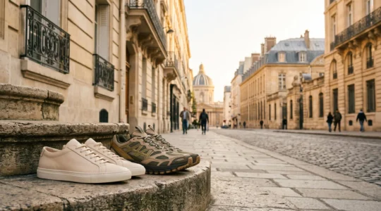 Contraste visuel entre une sneaker technique moderne et une sneaker minimaliste des années 2010 dans un décor urbain parisien