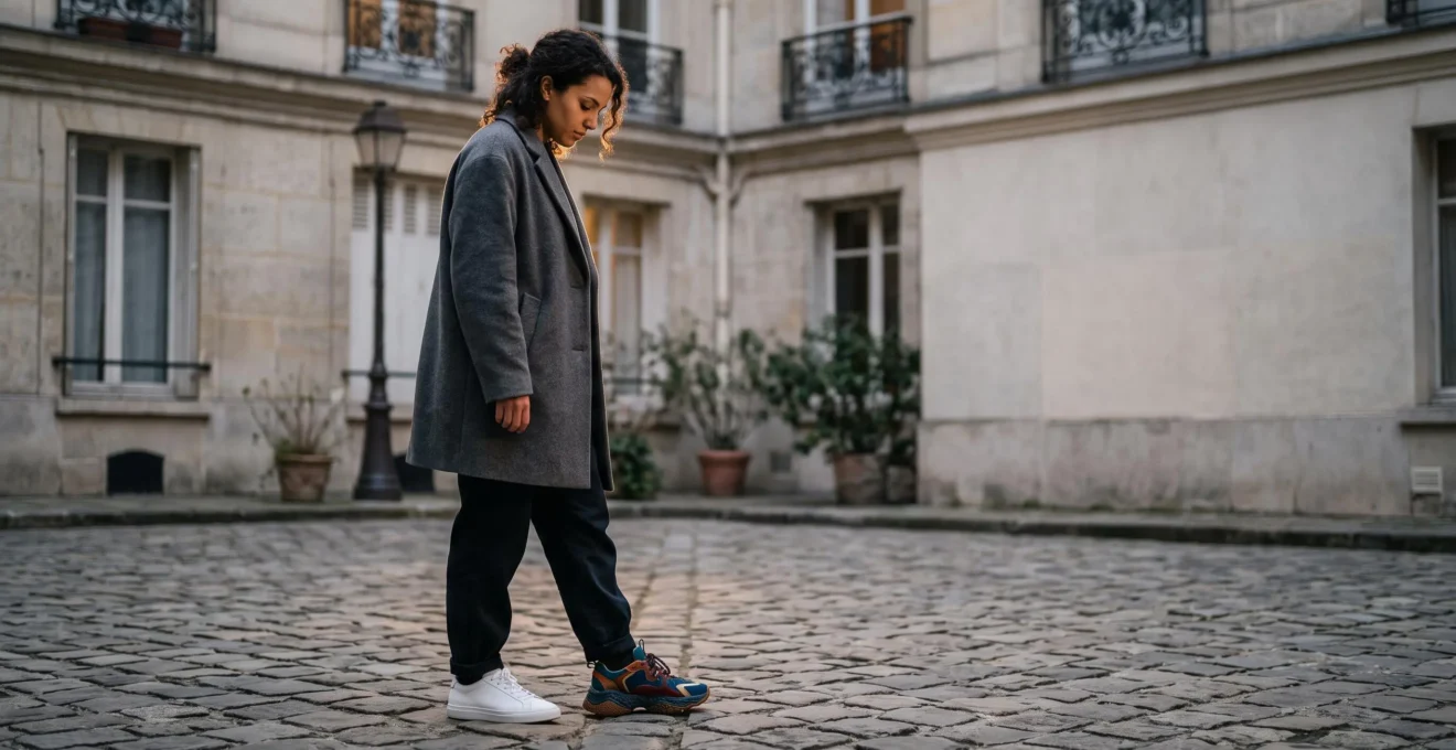 Une personne se tient dans une cour parisienne haussmannienne, portant d'un côté une sneaker blanche immaculée et de l'autre une sneaker sculpturale et colorée, symbolisant le choix entre minimalisme extrême et maximalisme assumé