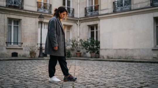 Une personne se tient dans une cour parisienne haussmannienne, portant d'un côté une sneaker blanche immaculée et de l'autre une sneaker sculpturale et colorée, symbolisant le choix entre minimalisme extrême et maximalisme assumé