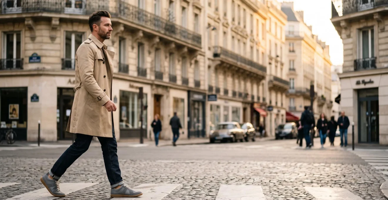 Homme d'une quarantaine d'années élégant portant des sneakers streetwear avec un trench-coat dans une rue haussmannienne parisienne