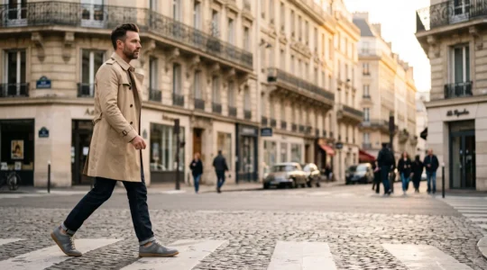 Homme d'une quarantaine d'années élégant portant des sneakers streetwear avec un trench-coat dans une rue haussmannienne parisienne