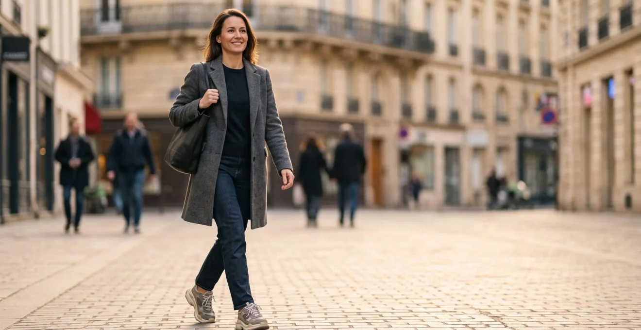 Silhouette élégante portant des baskets de running dans une rue parisienne haussmannienne, illustrant l'art de mêler sport et style urbain