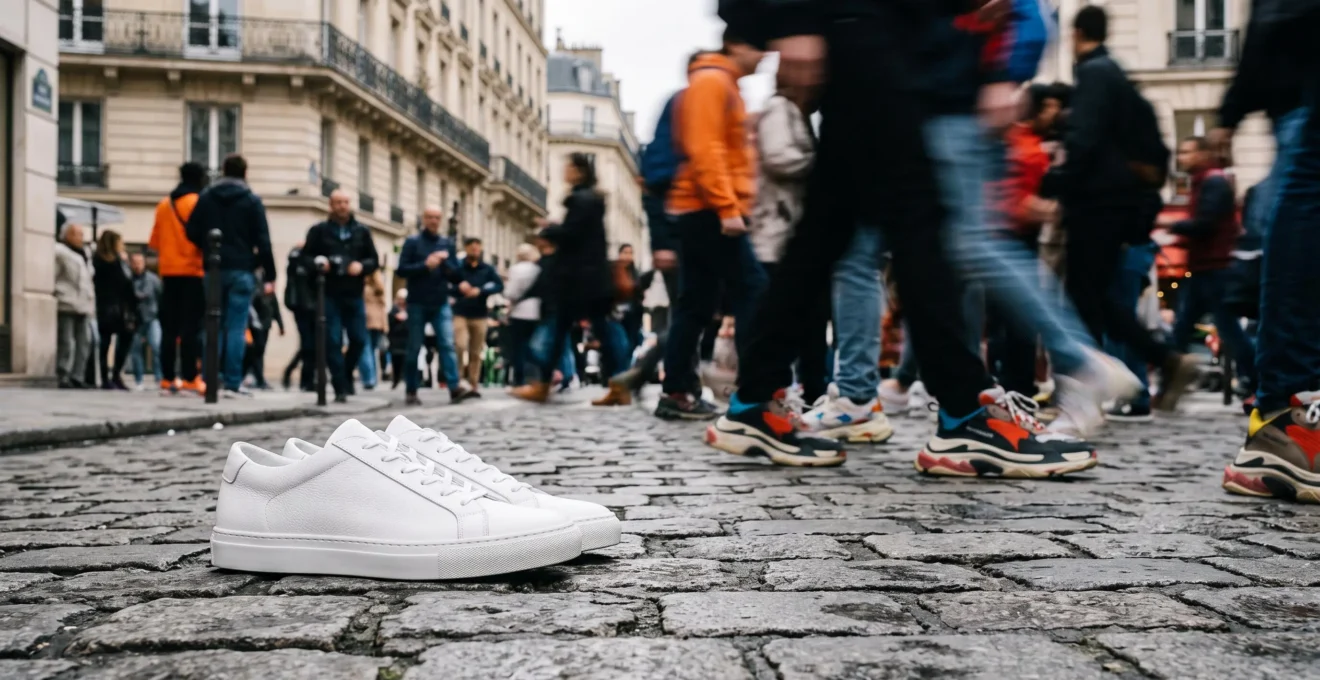 Une paire de sneakers blanches minimalistes posée sur un pavé parisien, isolée visuellement au milieu d'un flou de silhouettes urbaines colorées.