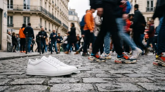 Une paire de sneakers blanches minimalistes posée sur un pavé parisien, isolée visuellement au milieu d'un flou de silhouettes urbaines colorées.
